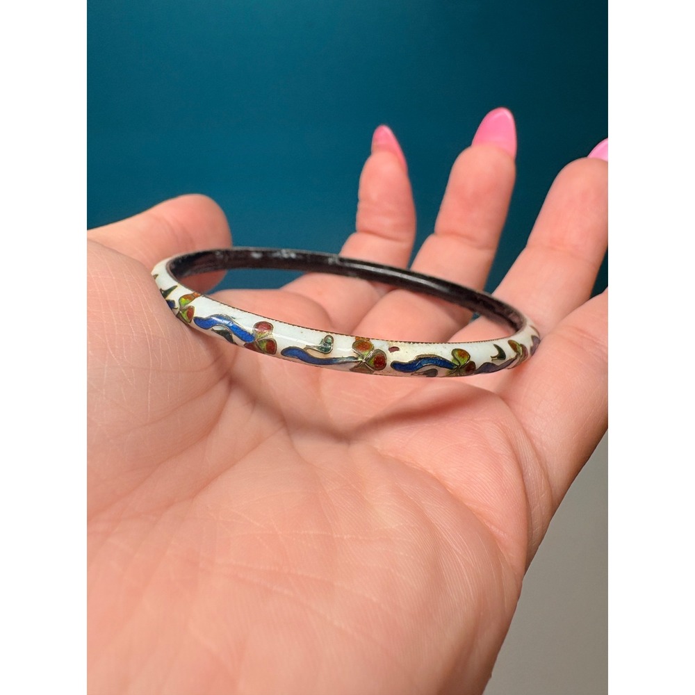 Vintage Cloisonne Enamel Bangle Bracelet White Floral Blue Vine 7.5in